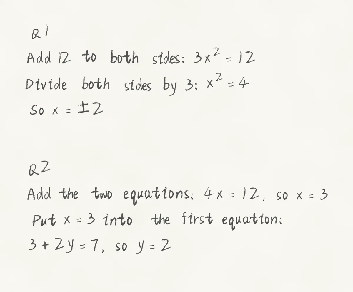 An answer sheet written by ymwrite: question 1 works 3x² − 12 = 0 step by step down to x = ±2; question 2 adds the equations x + 2y = 7 and 3x − 2y = 5 to get x = 3, then y = 2.