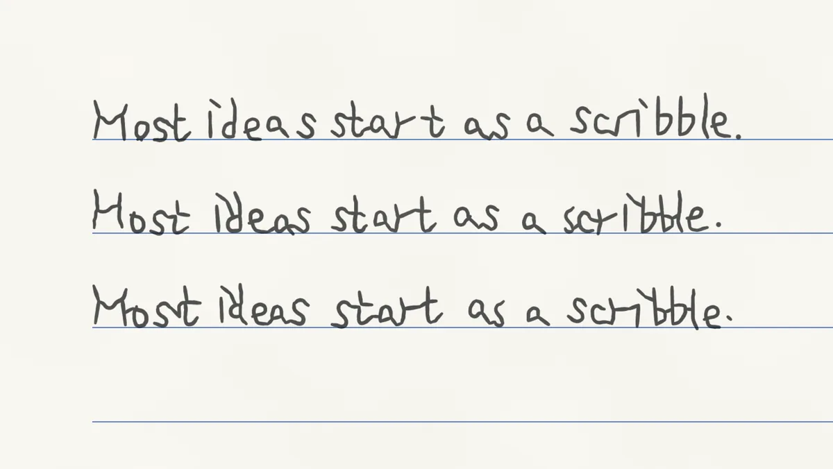 The sentence “Most ideas start as a scribble.” written three times by ymwrite on lined paper in one ready-made style; the same letters differ in shape, size and position from line to line.