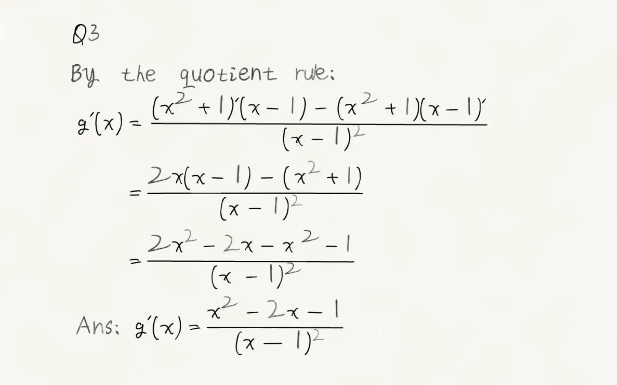 A derivative by the quotient rule, written by ymwrite: g′(x) as a stacked fraction over (x − 1)², simplified over three lines to (x² − 2x − 1)/(x − 1)².