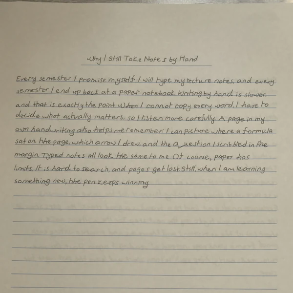 拍照效果的成品：木桌上的一张蓝色横线纸，手写的英文短文 Why I Still Take Notes by Hand。