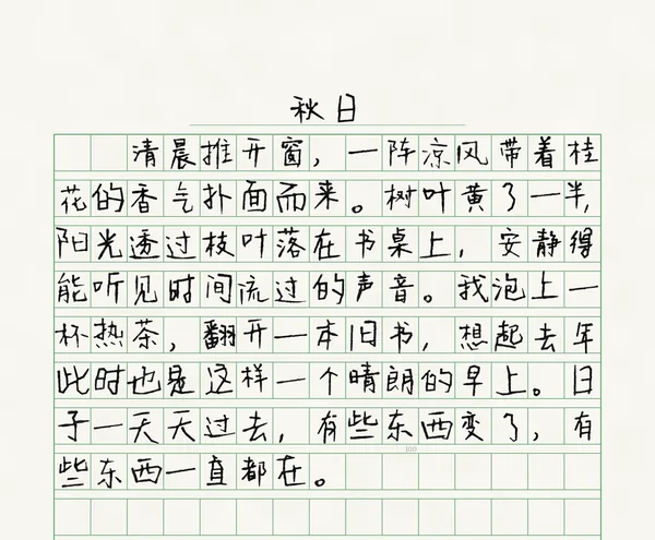 绿色方格稿纸上手写的一篇短文，标题「秋日」，写清晨推窗、泡茶读书的心情。