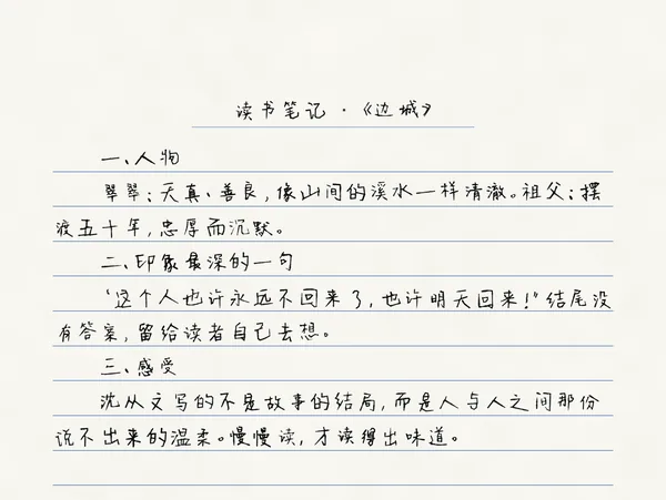 蓝色横线本上的手写读书笔记，标题「读书笔记 · 《边城》」，分人物、印象最深的一句、感受三段。